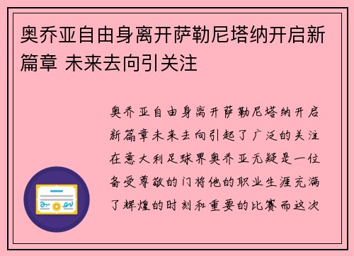 奥乔亚自由身离开萨勒尼塔纳开启新篇章 未来去向引关注