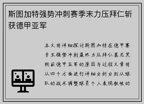 斯图加特强势冲刺赛季末力压拜仁斩获德甲亚军