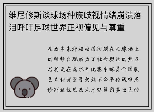 维尼修斯谈球场种族歧视情绪崩溃落泪呼吁足球世界正视偏见与尊重 维尼修斯谈球场种族歧视情绪崩溃落泪呼吁足球世界正视偏见与尊重