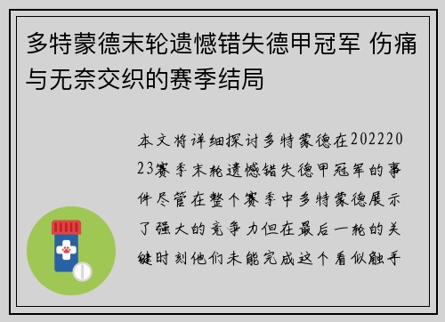 多特蒙德末轮遗憾错失德甲冠军 伤痛与无奈交织的赛季结局